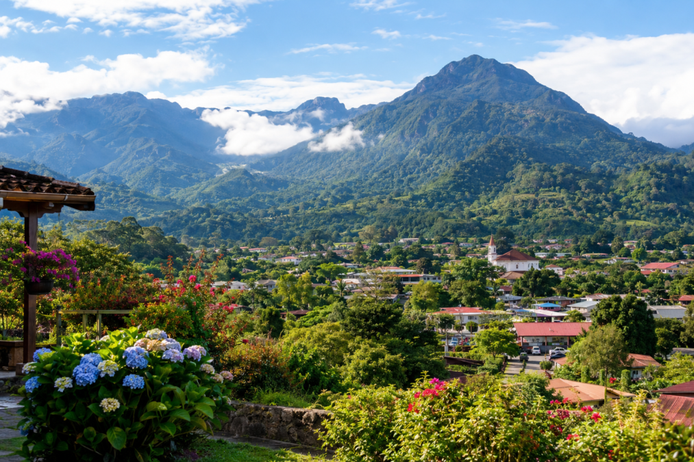 Scenic mountain views overlooking Boquete, Panama, with lush greenery and colourful gardens.